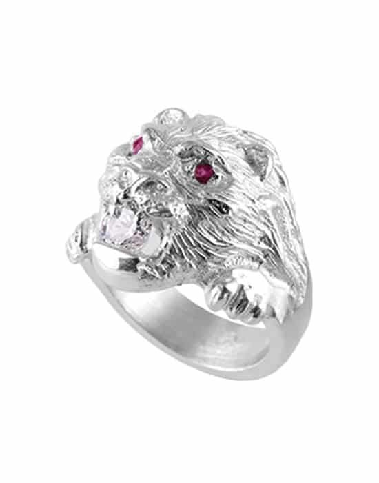 Chevalière Tête de Lion en Argent Pierres Rubis et Zirconium