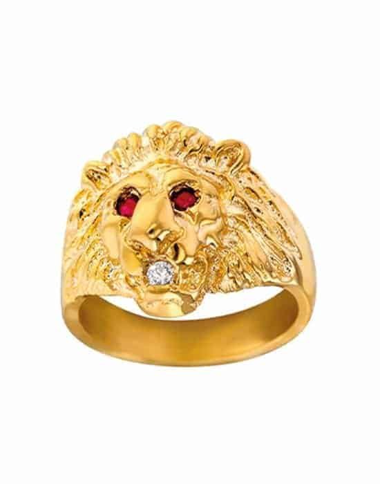 Chevalière Tête de Lion en Or Rubis et Diamant
