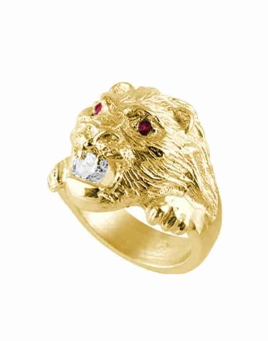 Chevalière Tête de Lion en Or Rubis et Zirconium